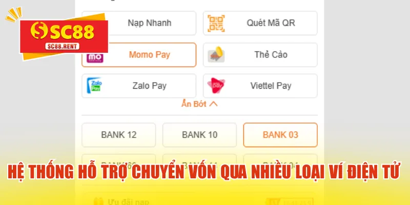 Hệ thống hỗ trợ chuyển vốn qua nhiều loại ví điện tử