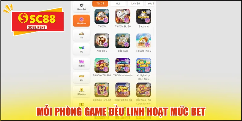 Mỗi phòng game đều linh hoạt mức bet